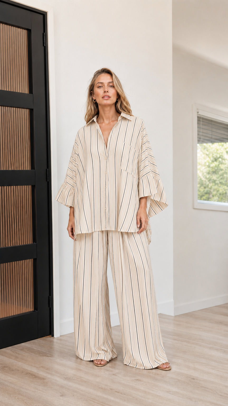 Full view of beige striped two-piece set