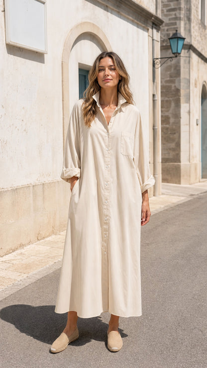 Front view of woman wearing beige long sleeve button-down maxi shirt dress