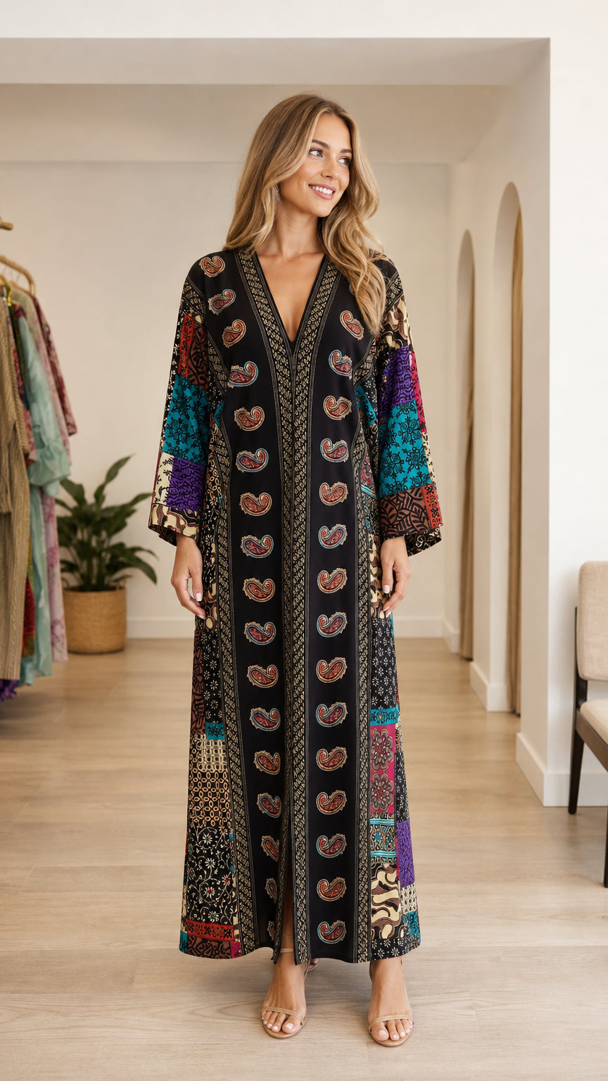 Model wearing black boho paisley patchwork maxi kaftan dress front view