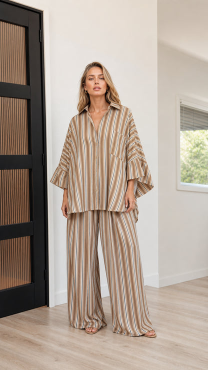 Full front view of camel striped shirt and pants set