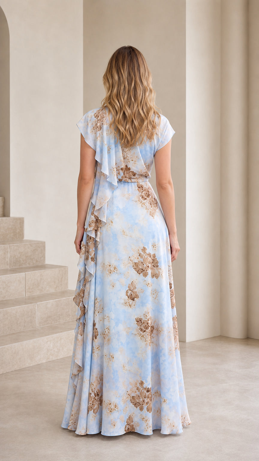 Back view of the powder blue floral maxi dress with flowing maxi skirt