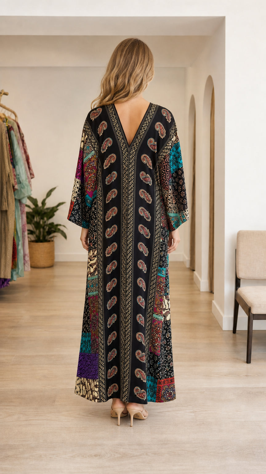 Model wearing black boho paisley patchwork maxi kaftan dress back view