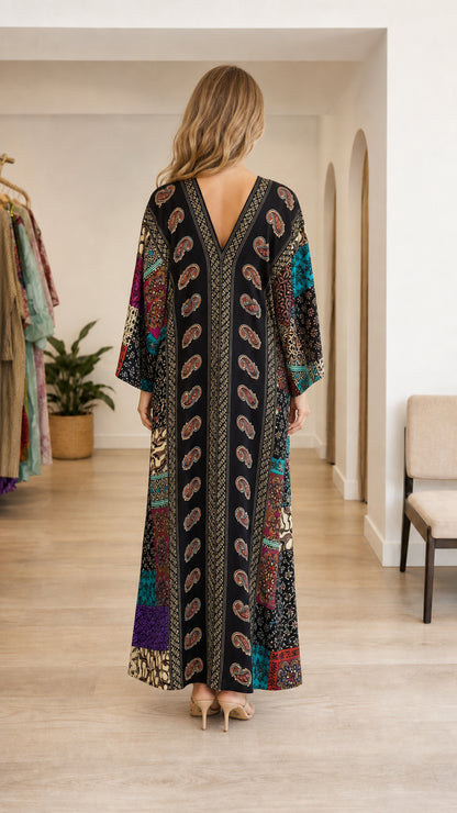 Model wearing black boho paisley patchwork maxi kaftan dress back view