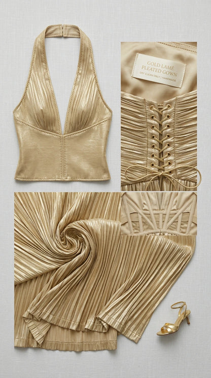 Close-up details of metallic gold fabric, halter bodice, and corset lace-up back