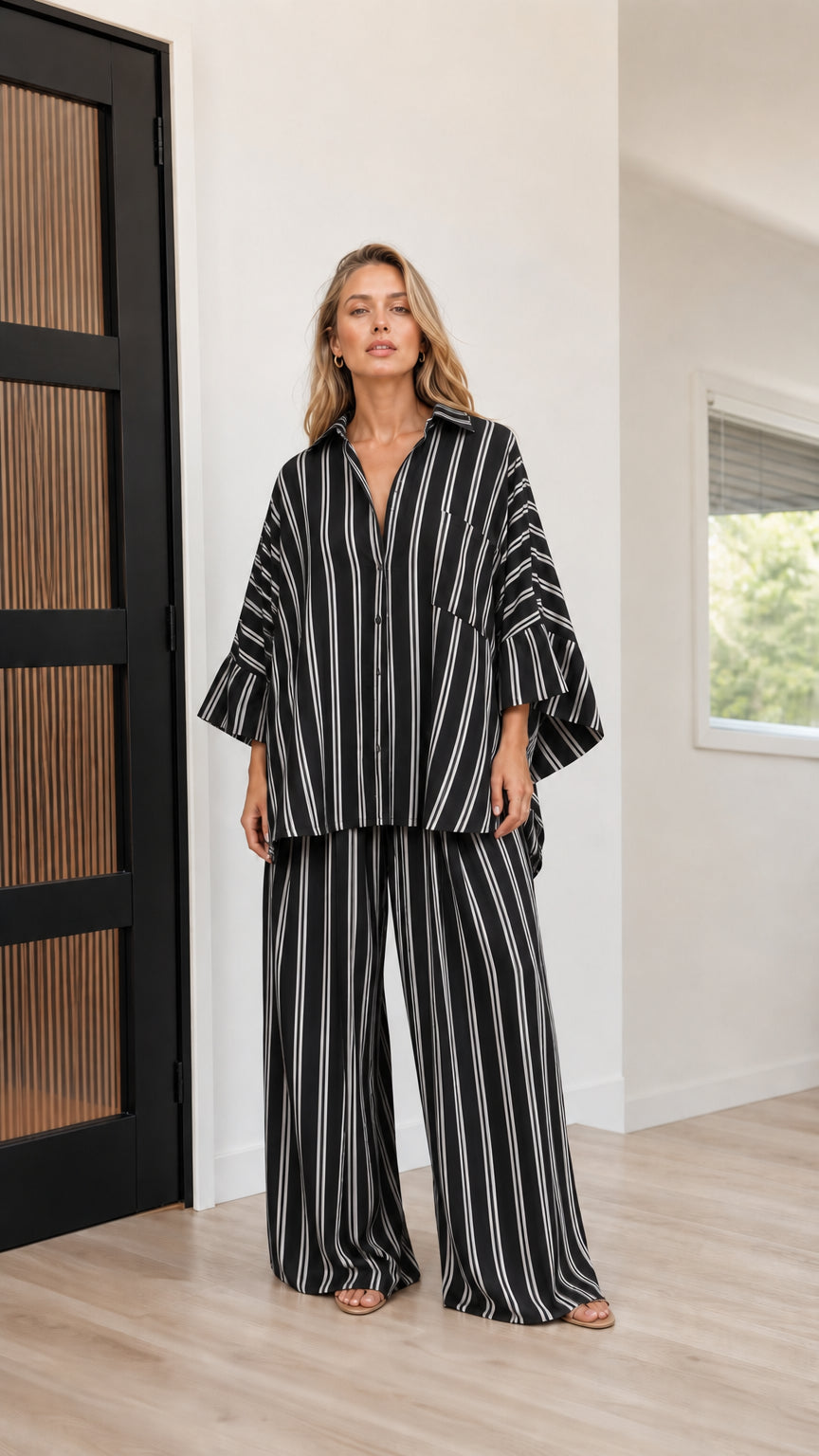 Full view of black striped two-piece set