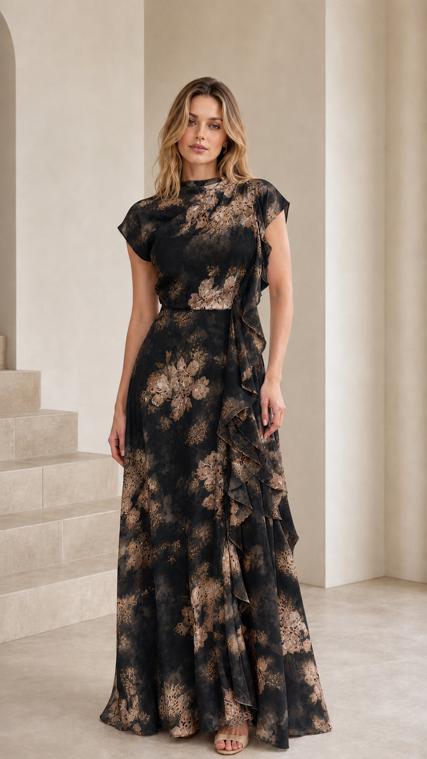 Model wearing the black floral ruffle maxi dress