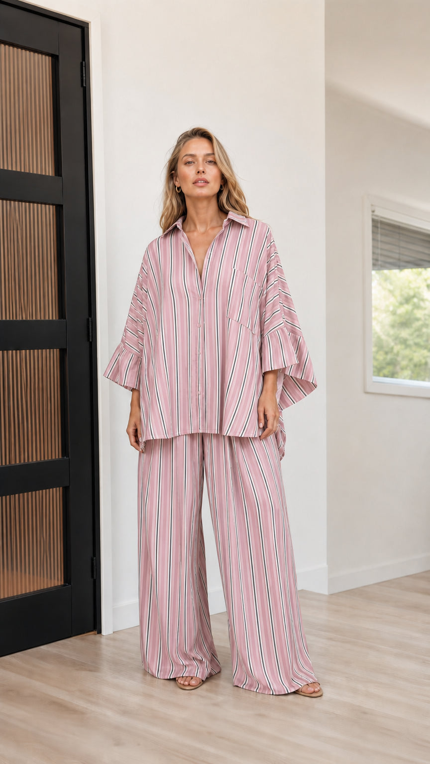 Full view of pink striped two-piece set
