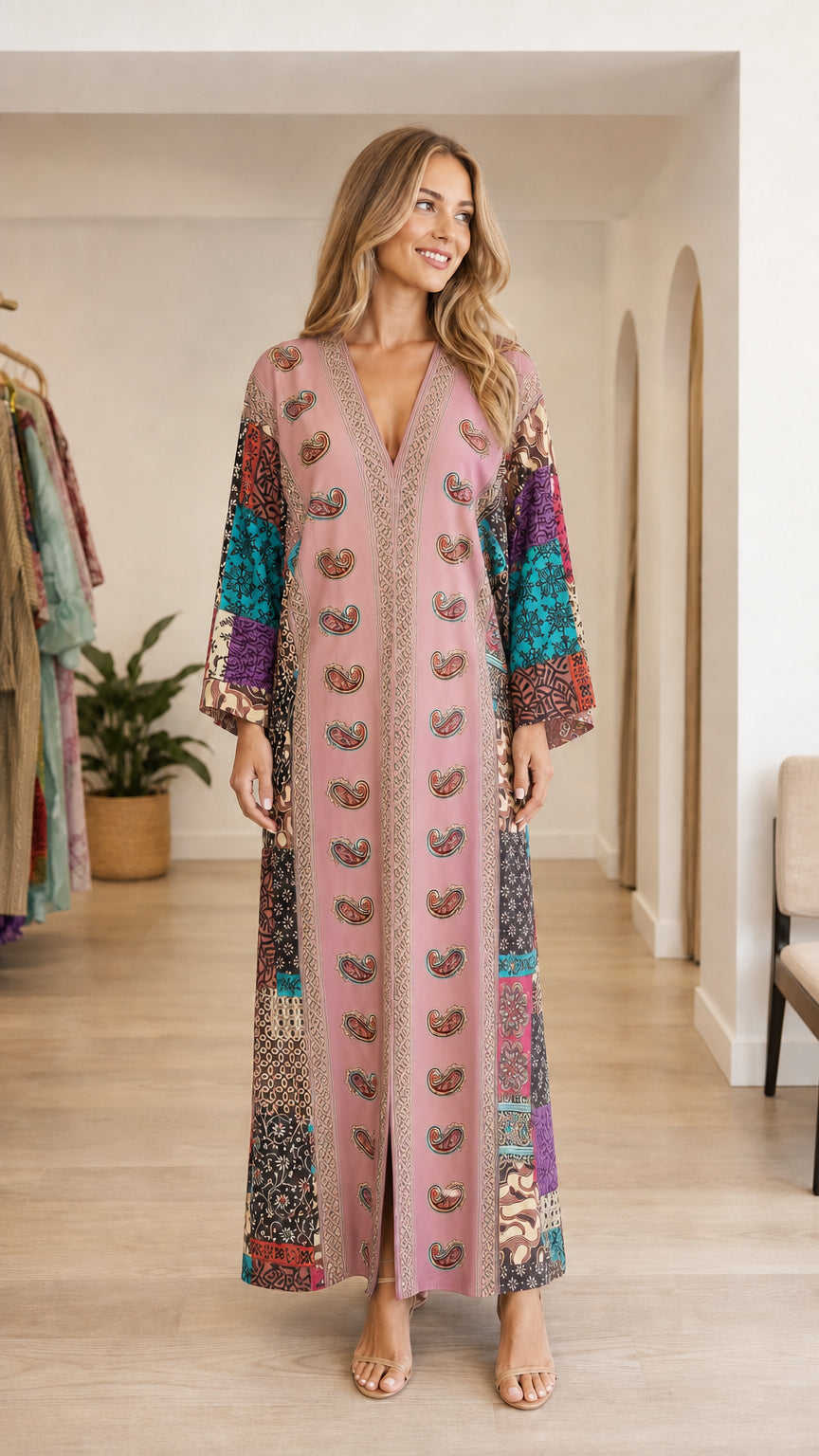 Model wearing pink boho paisley patchwork maxi kaftan dress