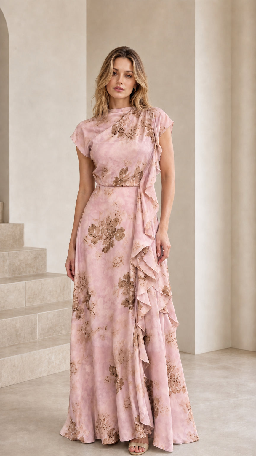 Model wearing the blush pink floral ruffle maxi dress