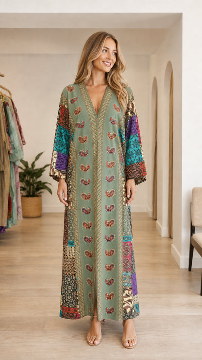 Model wearing sage boho paisley patchwork maxi kaftan dress