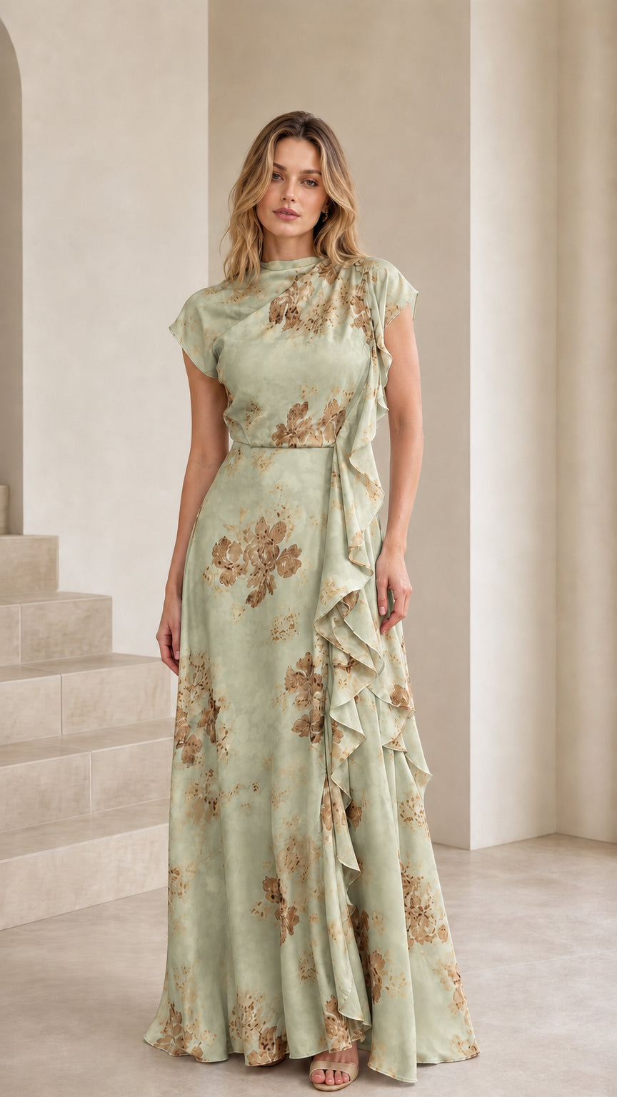 Model wearing the sage green floral ruffle maxi dress