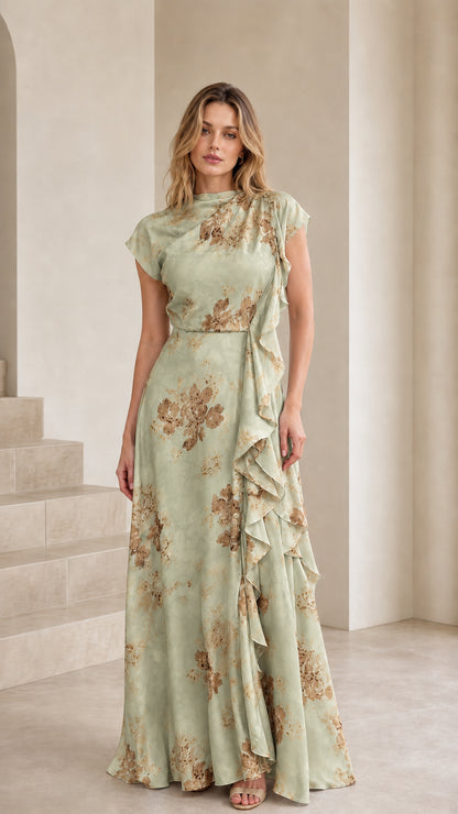 Model wearing the sage green floral ruffle maxi dress