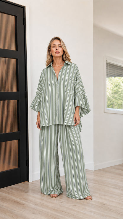 Full view of sage green striped two-piece set