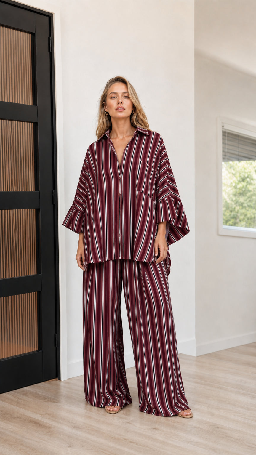 Full view of burgundy striped two-piece set