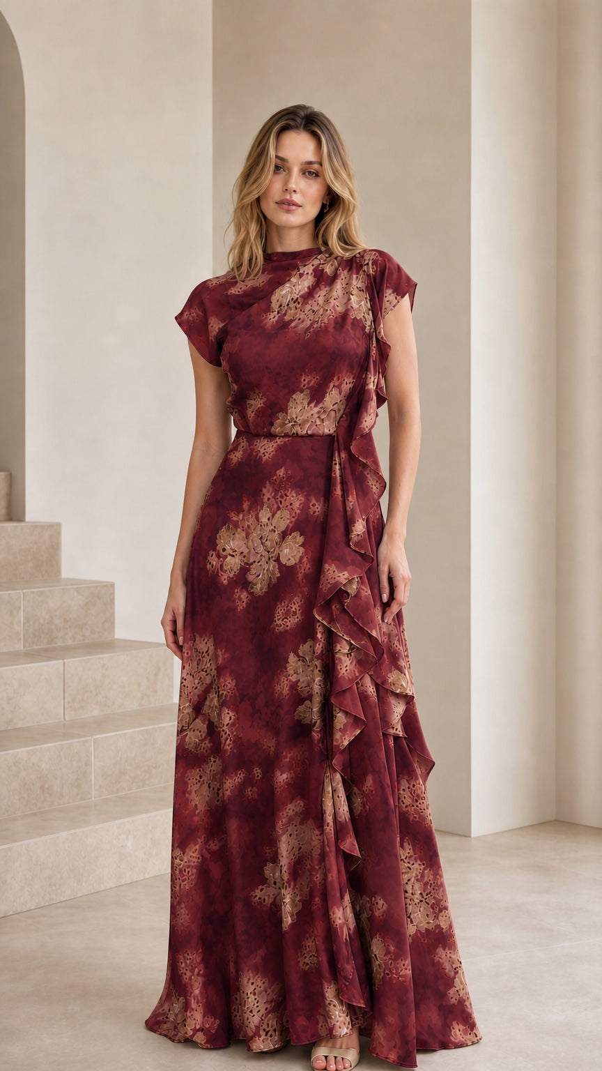 Model wearing the burgundy floral ruffle maxi dress