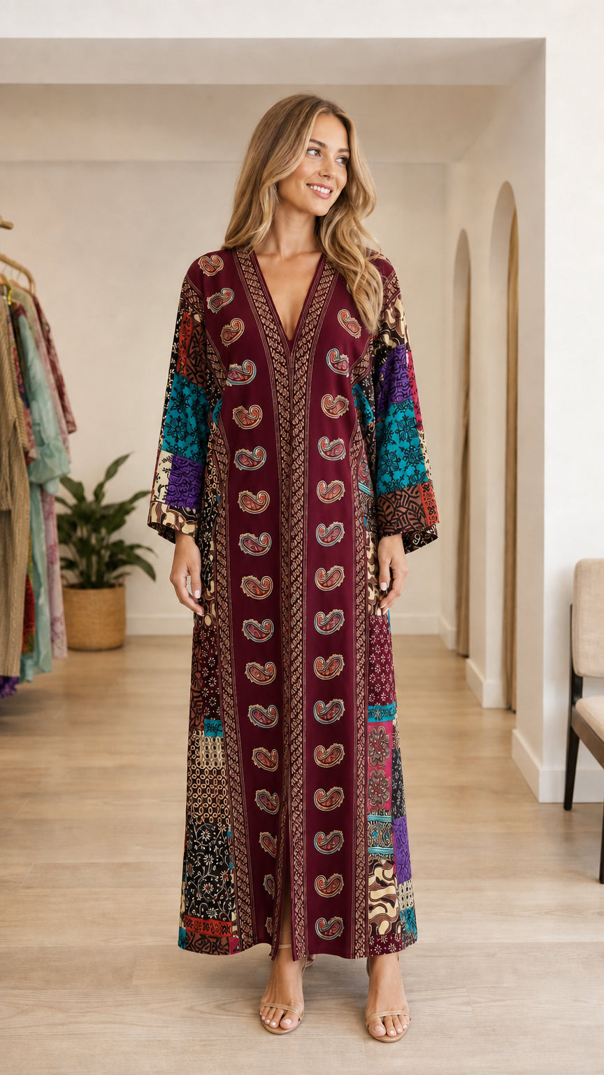Model wearing burgundy boho paisley patchwork maxi kaftan dress