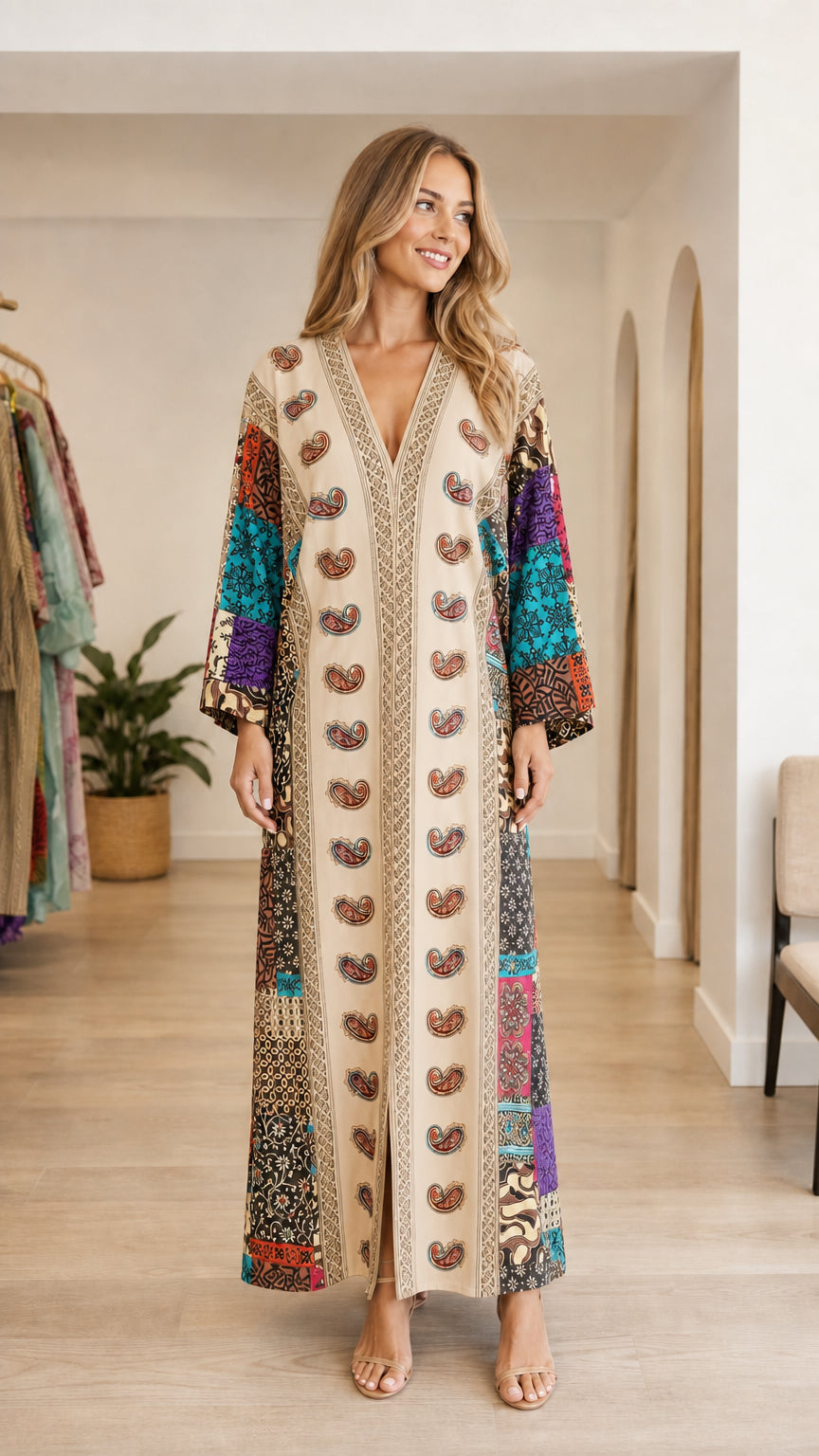 Model wearing beige boho paisley patchwork maxi kaftan dress