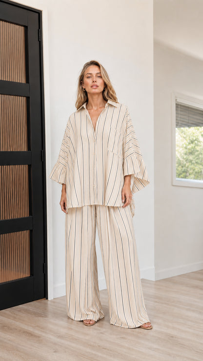 Full view of beige striped two-piece set