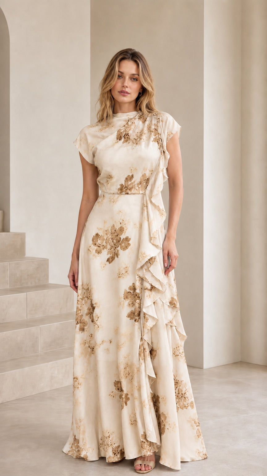 Model wearing the ivory floral ruffle maxi dress